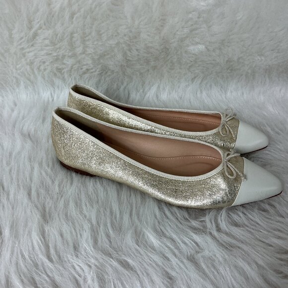 J. Crew Gemma Point Cap Toe Metallic Gold Ivory Leather Flats 8.5 - Picture 1 of 7